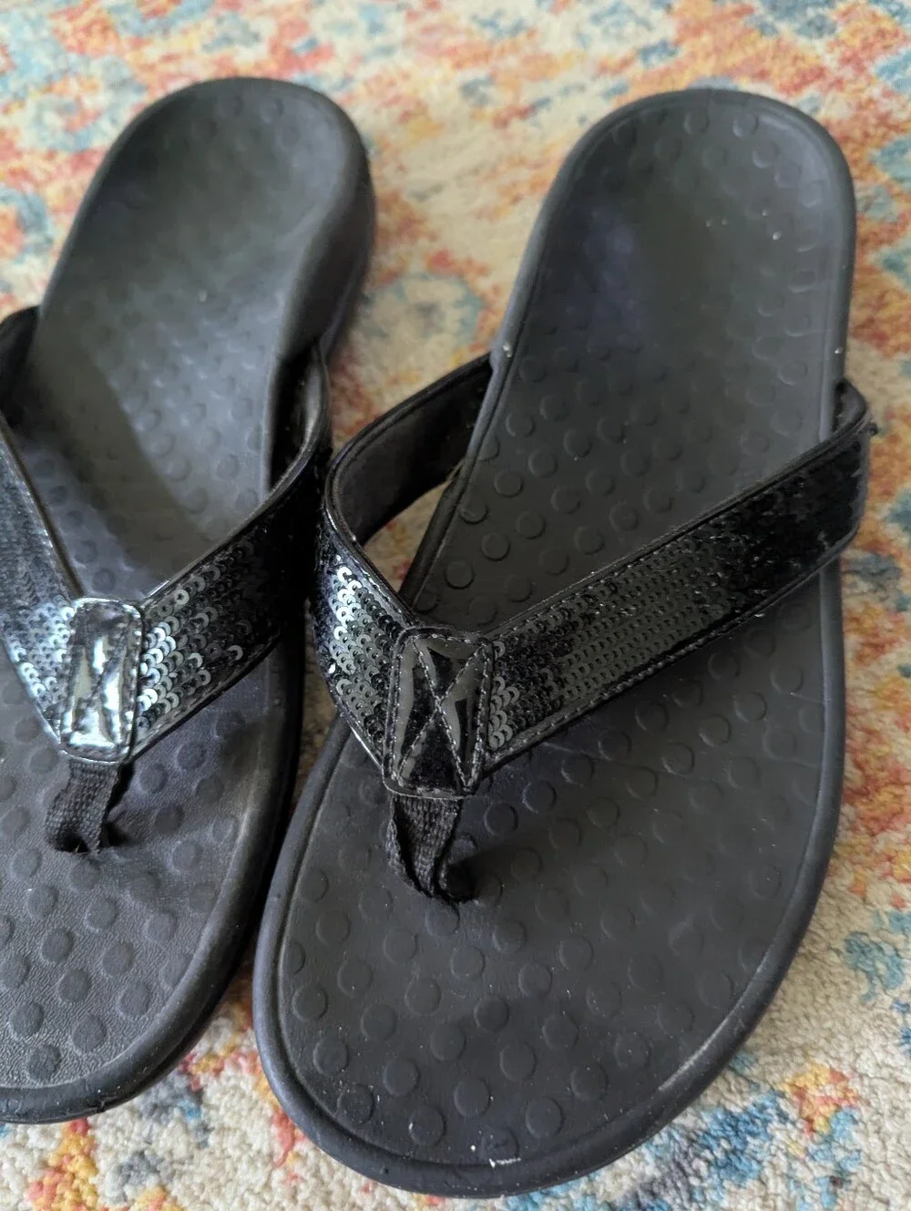 Vionic Tide SQ Black Sequin Orthaheel Orthotic Flip Flop Sandals Women's 8